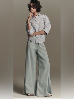 Maeve by Anthropology size Small The Mabel Boxy Oxford Shirt Blue Strip Boho